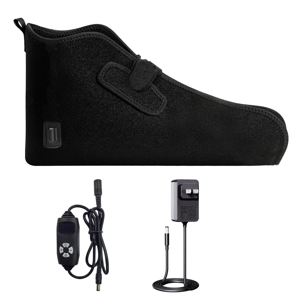 Black red and infrared light therapy foot wrap for neuropathy relief with remote controller and power adapter.