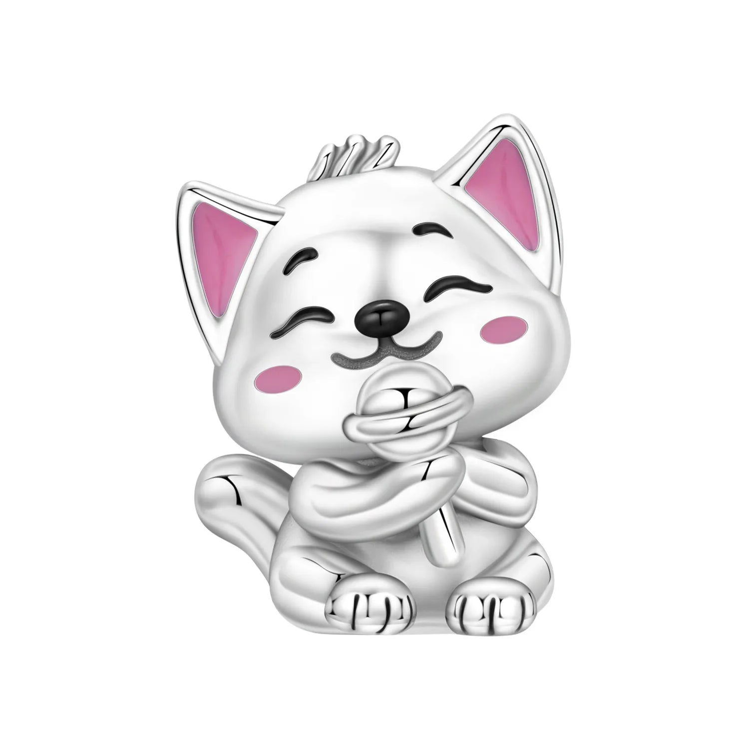 Cute cat charm in 925 sterling silver with pink enamel accents for DIY pet-themed bracelets and jewelry gifts.