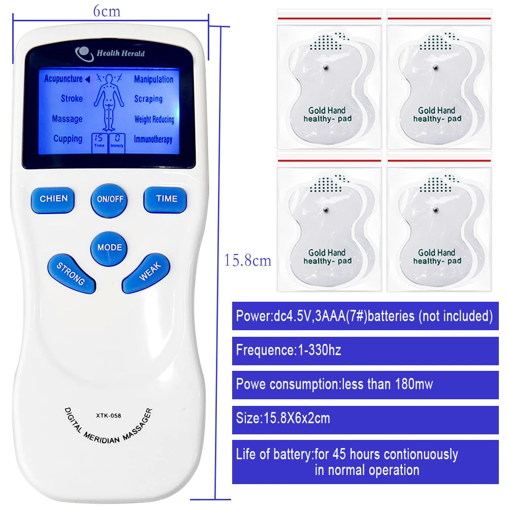 Digital TENS EMS muscle stimulator massager with 8 modes, LCD screen, blue buttons, and four electrode pads.