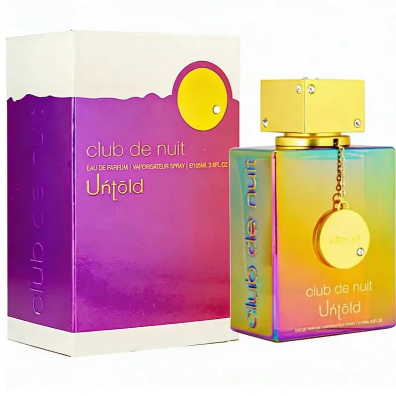 Armaf Club de Nuit Untold 105ml EDP: Iridescent square bottle, gold cap, unisex long-lasting seductive fragrance.