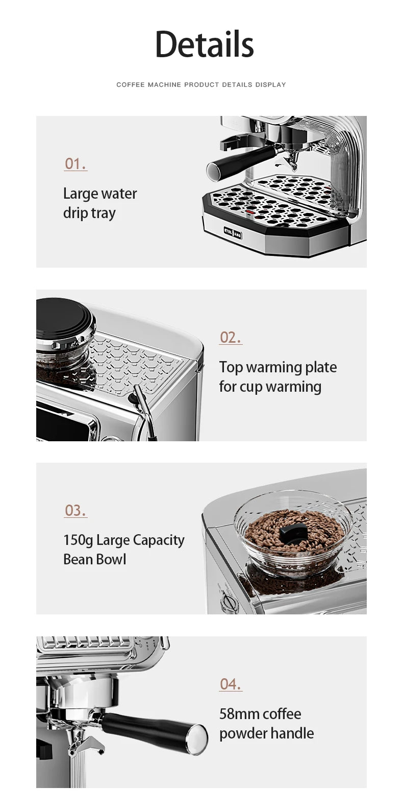 Stainless steel espresso machine features: large drip tray, cup warmer, 150g bean hopper, and 58mm portafilter handle.