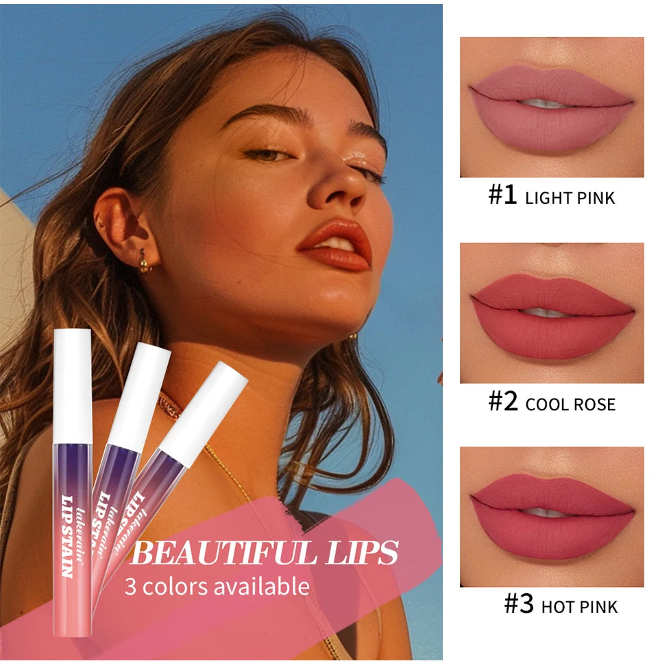 Waterproof peel-off lip stain with matte finish in Light Pink, Cool Rose, and Hot Pink shades. Transfer-proof lip tint.