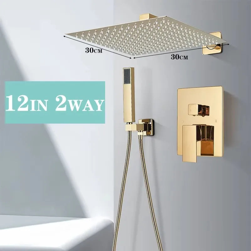 Brushed Gold Shower System, Wall Mounted Rainfall Shower Faucet Set with Handheld Sprayer, Single Lever Concealed Bathroom Mixer Valve Luxury Modern Brass Shower Combo