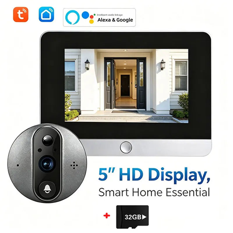 Smart doorbell kit with 5-inch HD display, peephole camera, and 32GB microSD card