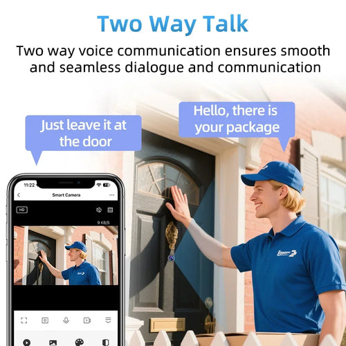 Black door peephole camera with two-way talk shown on a smartphone app