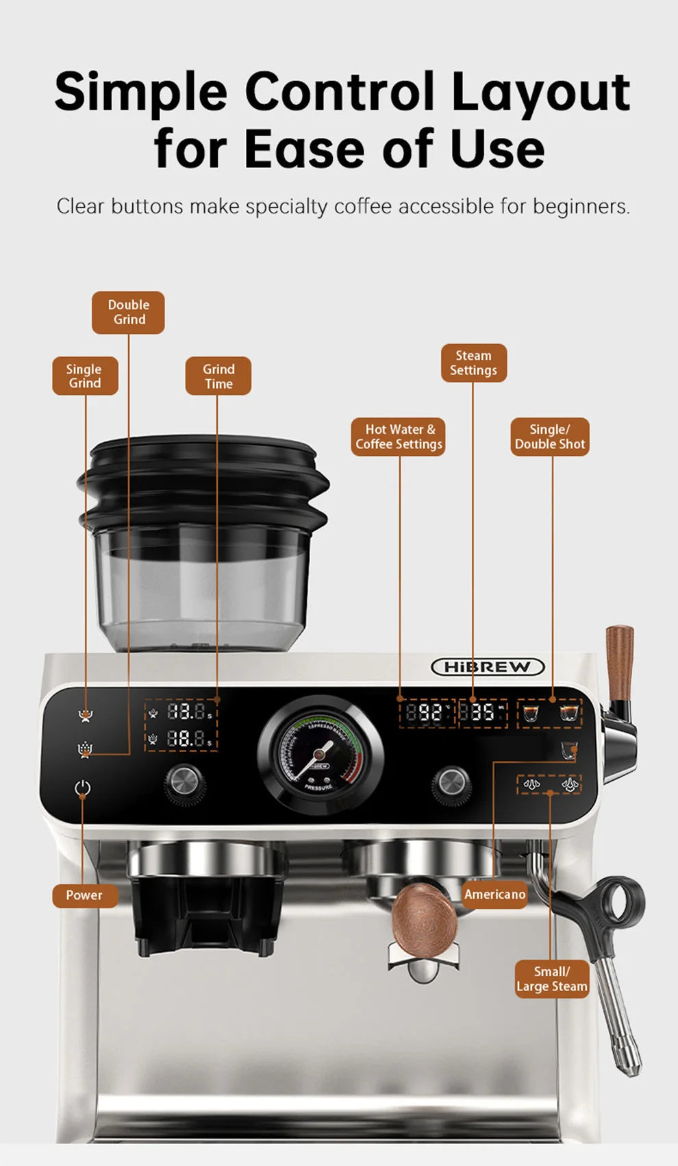 HiBREW espresso machine control panel with grinder, digital display, pressure gauge, and steam wand.