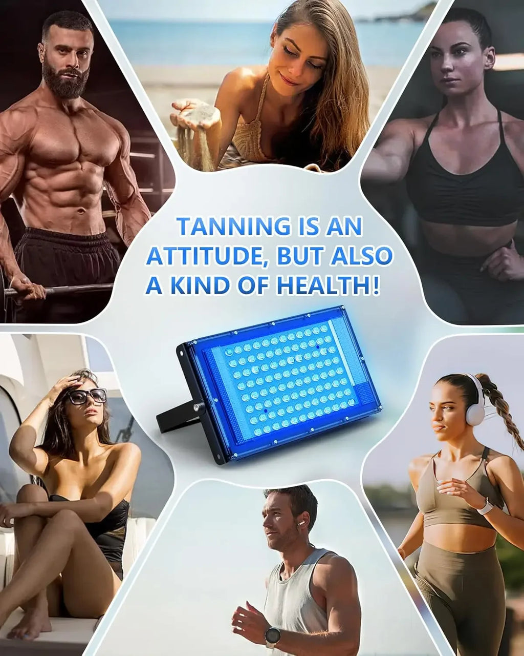 50W blue light tanning lamp with 96 LEDs for home skincare, featuring adjustable bracket and body tanning focus.