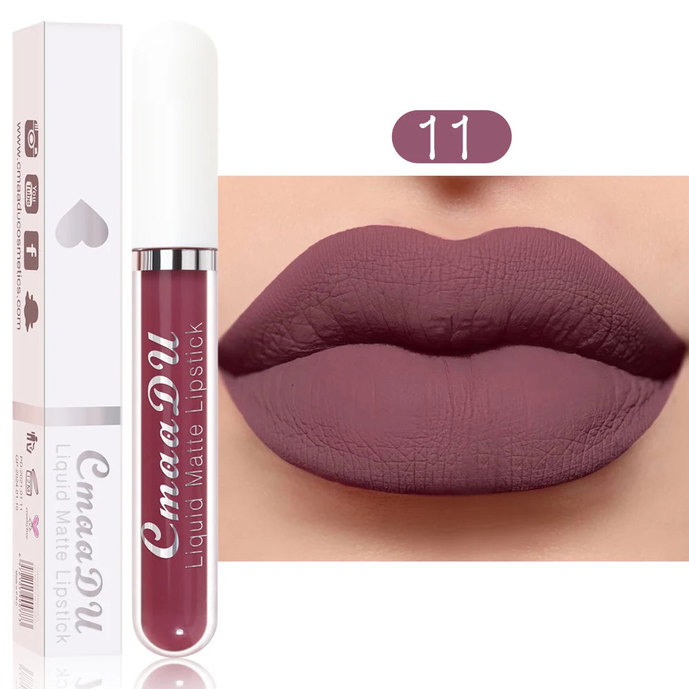 CmaaDu waterproof matte liquid lipstick in shade 11, a long-lasting, non-stick mauve-plum lip makeup.
