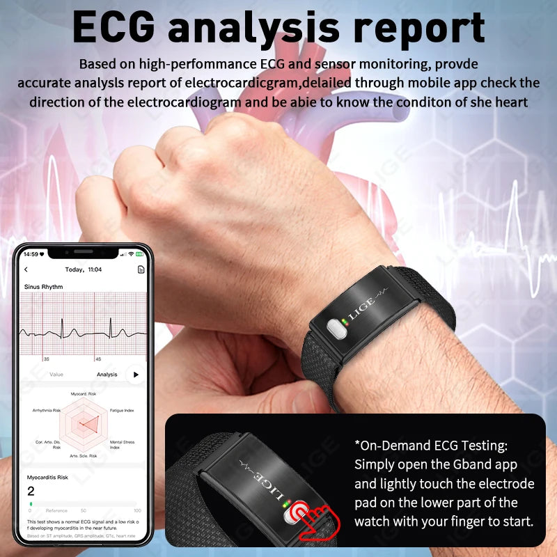 LIGE New ECG+PPG Smart Bracelet Heart Rate Health Monitoring Thermometer HPV Test Reports Waterproof Sports Tracker Smart Watch