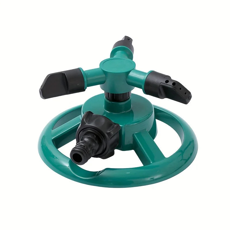 Green rotating sprinkler head with adjustable nozzle arms and black hose connection