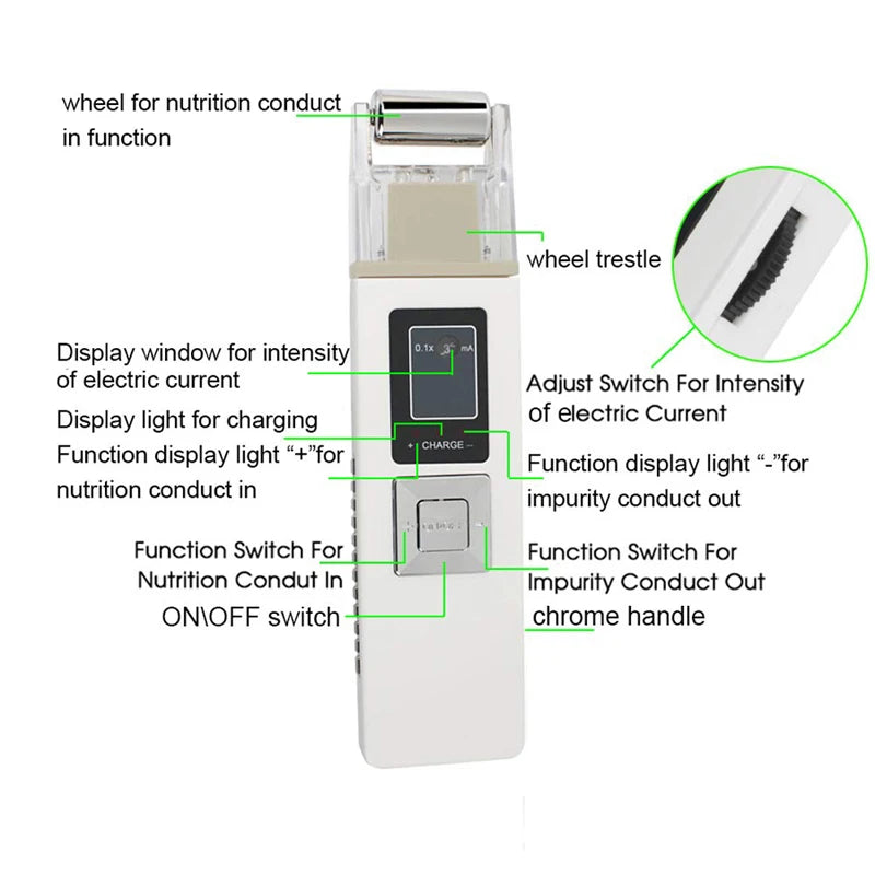 White, rectangular microcurrent facial lifting device with a metal roller head, digital display, and function buttons.