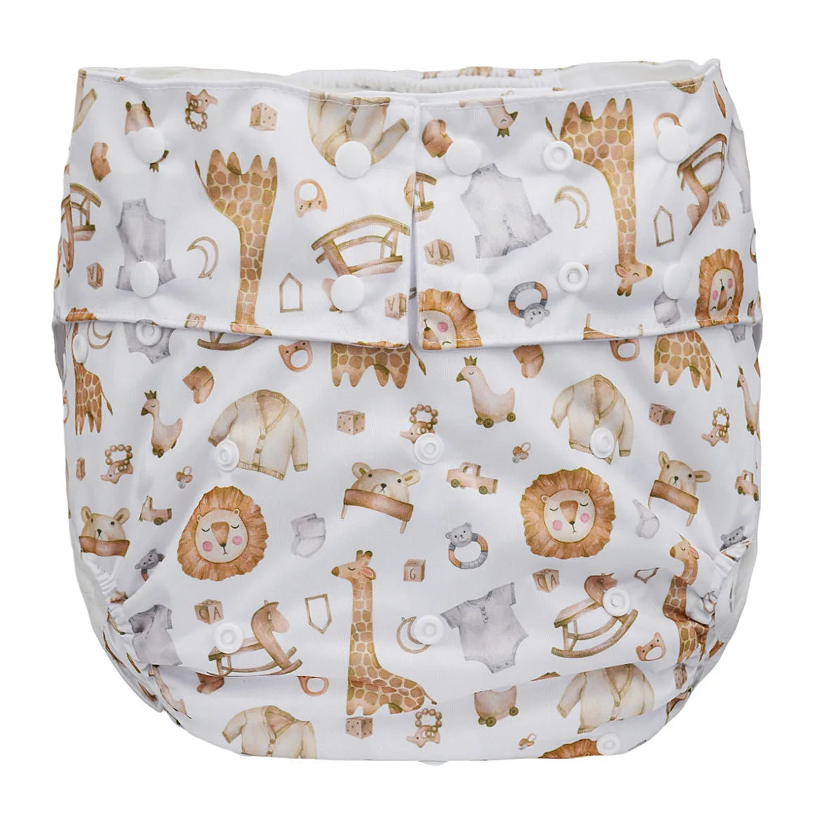 Reusable cloth diaper with white giraffe and lion print featuring snap buttons for adjustable baby care.