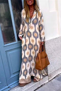 2024 Autumn Causal V NeckWomen Geometric  Maxi Dress  Long Sleeve Dresses Female Holiday Beach Boho Dress