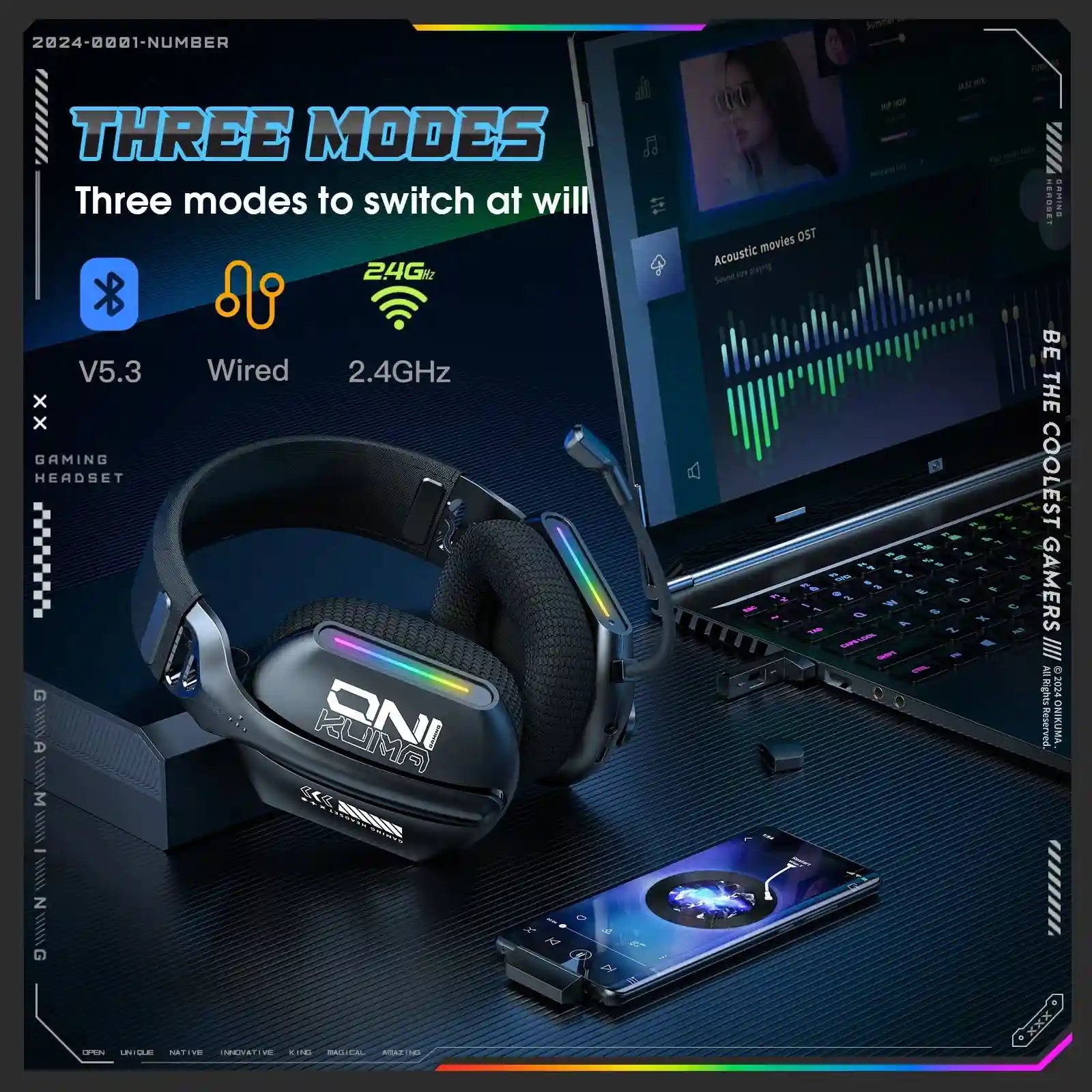 Wireless Gaming Headset: Tri-Mode Bluetooth 2.4G for PC & PS5 (GT808) Tidesmit
