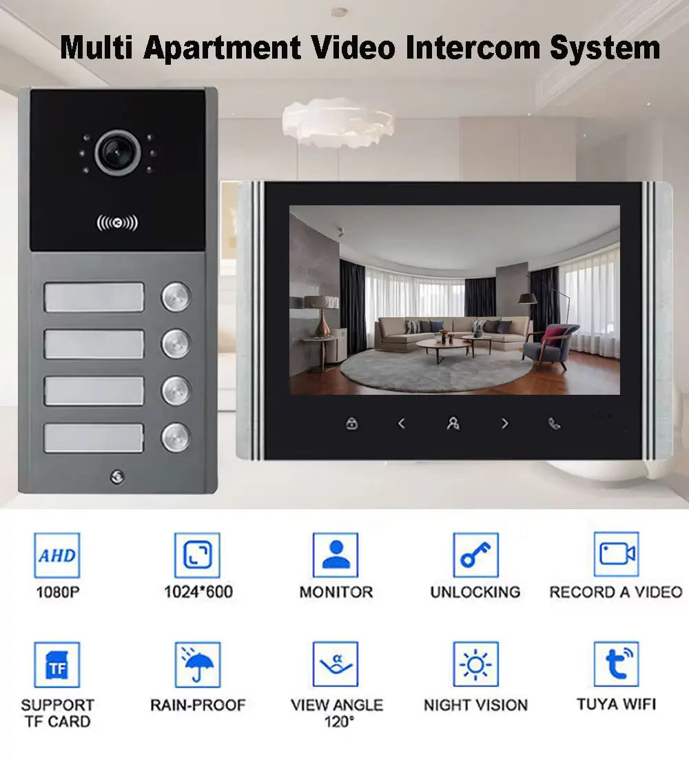 2/3/4 Unit Home Video Intercom for Apartments Residential Intercom Doorbell Wifi Video Door Phone System with RFID Card Unlock
