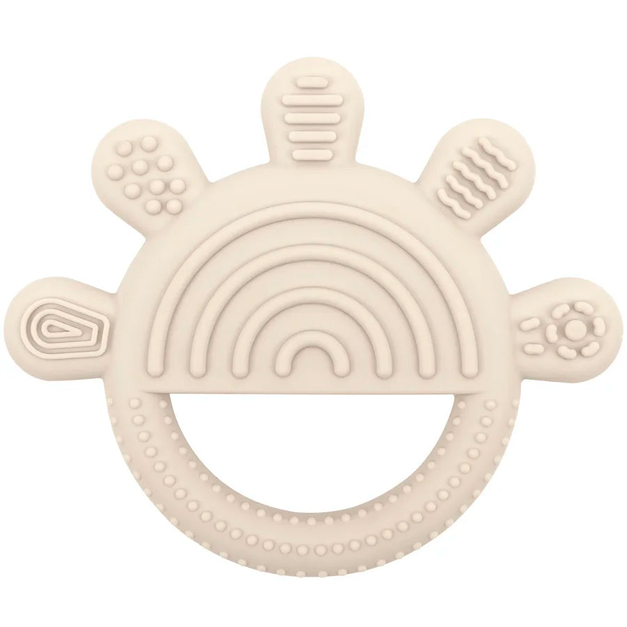 Beige silicone baby teething ring toy for infant soothing.