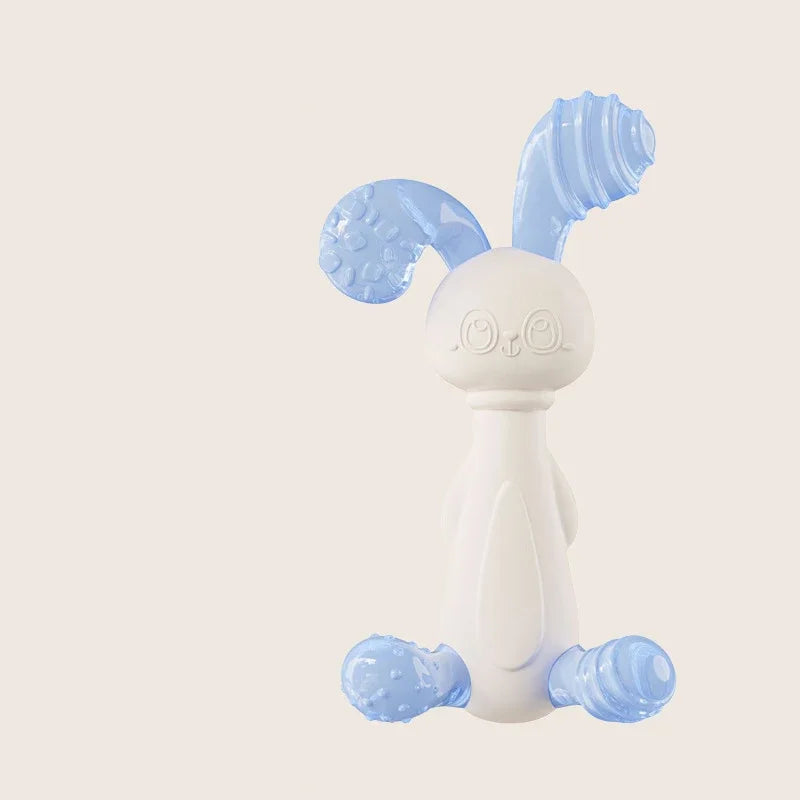 Blue and white silicone rabbit baby teething toy for soothing sore gums.