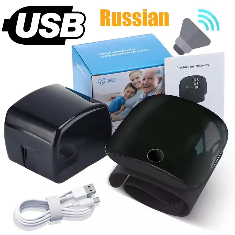 Rechargeable Wrist Blood Pressure Monitor Medical English Russian Voice Digital Tensiometro Health Sphygmomanometer Tonometer