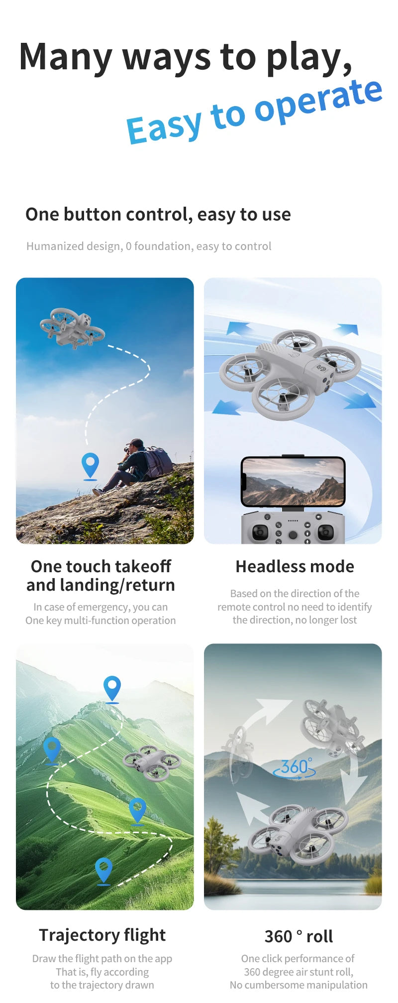Small gray mini drone with four enclosed rotors, controlled by smartphone or remote for stunts and path navigation.