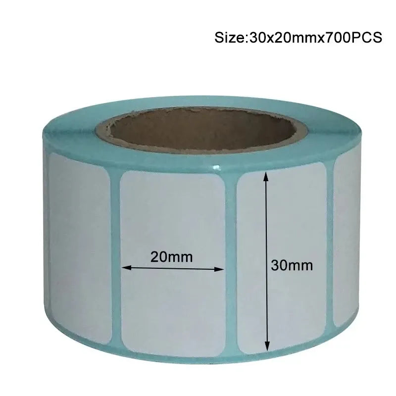 Thermal label sticker roll with white 30x20mm price tags, barcode-ready