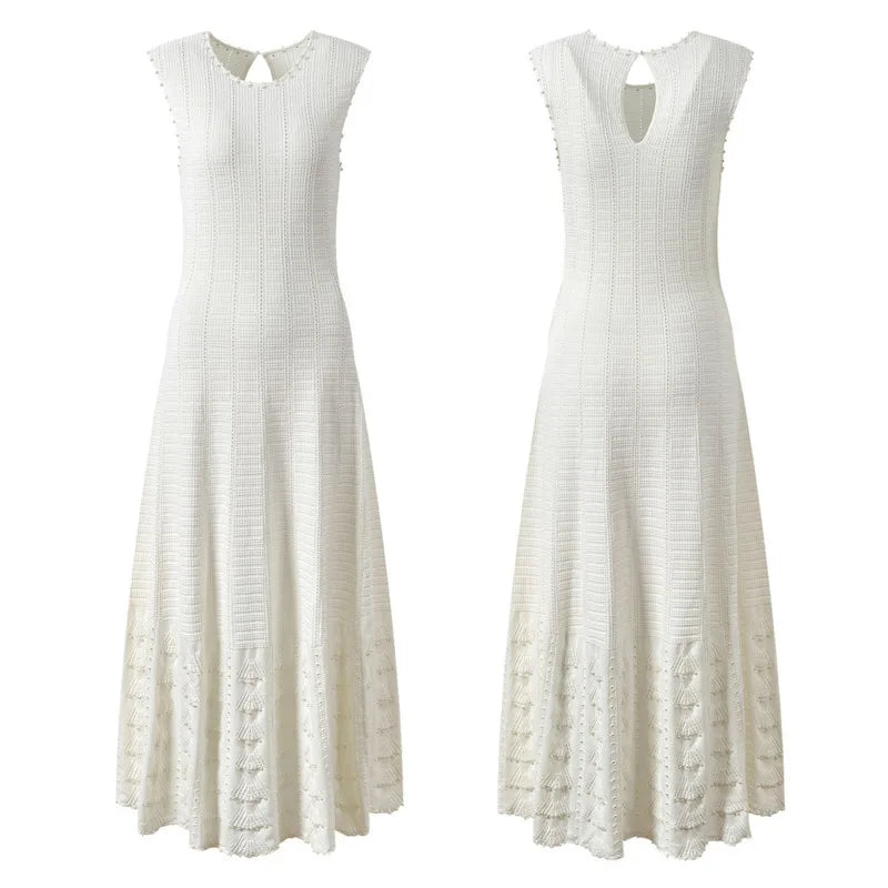 CHUJIE 2025 Summer 3-Piece French Style Set - Knit Maxi Dress + Sleeveless Top + Cover-Up, Pearl & Hollow Out, Viscose+Nylon