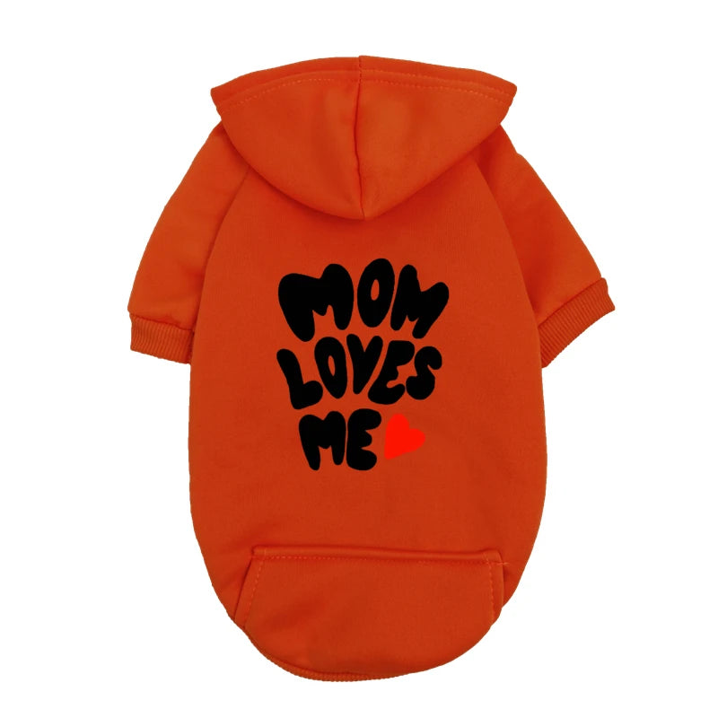 Warm red dog hoodie for small pets with Mom Loves Me heart design. Cozy, stylish sweater for puppies and small dogs.