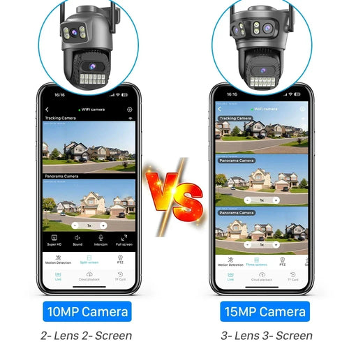 Outdoor PTZ surveillance camera with two antennas, shown with app screens on two phones