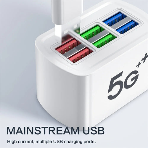 White 6-port USB charging station with colored USB ports and 5G logo mark