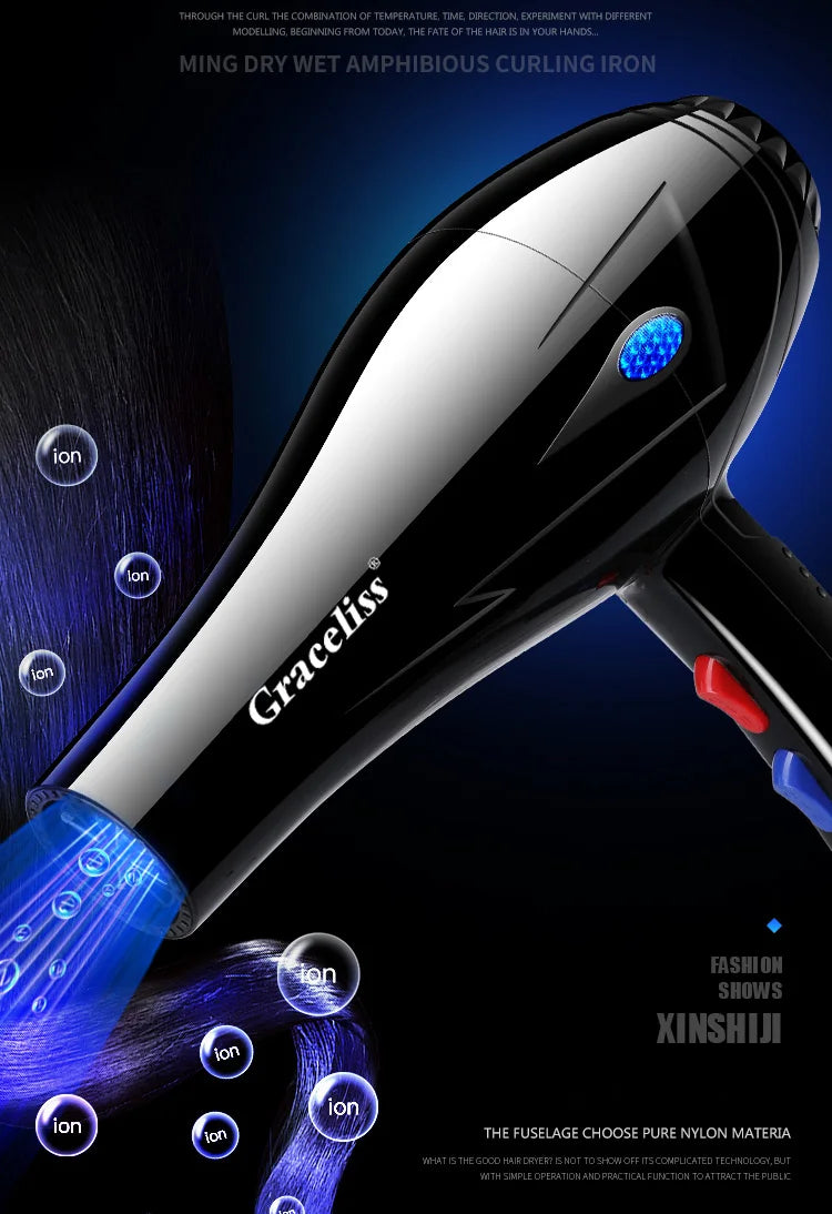 Black Graceliss professional ionic hair dryer with blue light technology for salon-quality blowouts and fast drying.