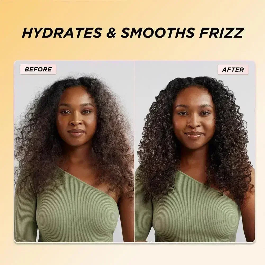 Before and after comparison of hair treatment showing frizz reduction and enhanced hydration for smooth, defined curls.