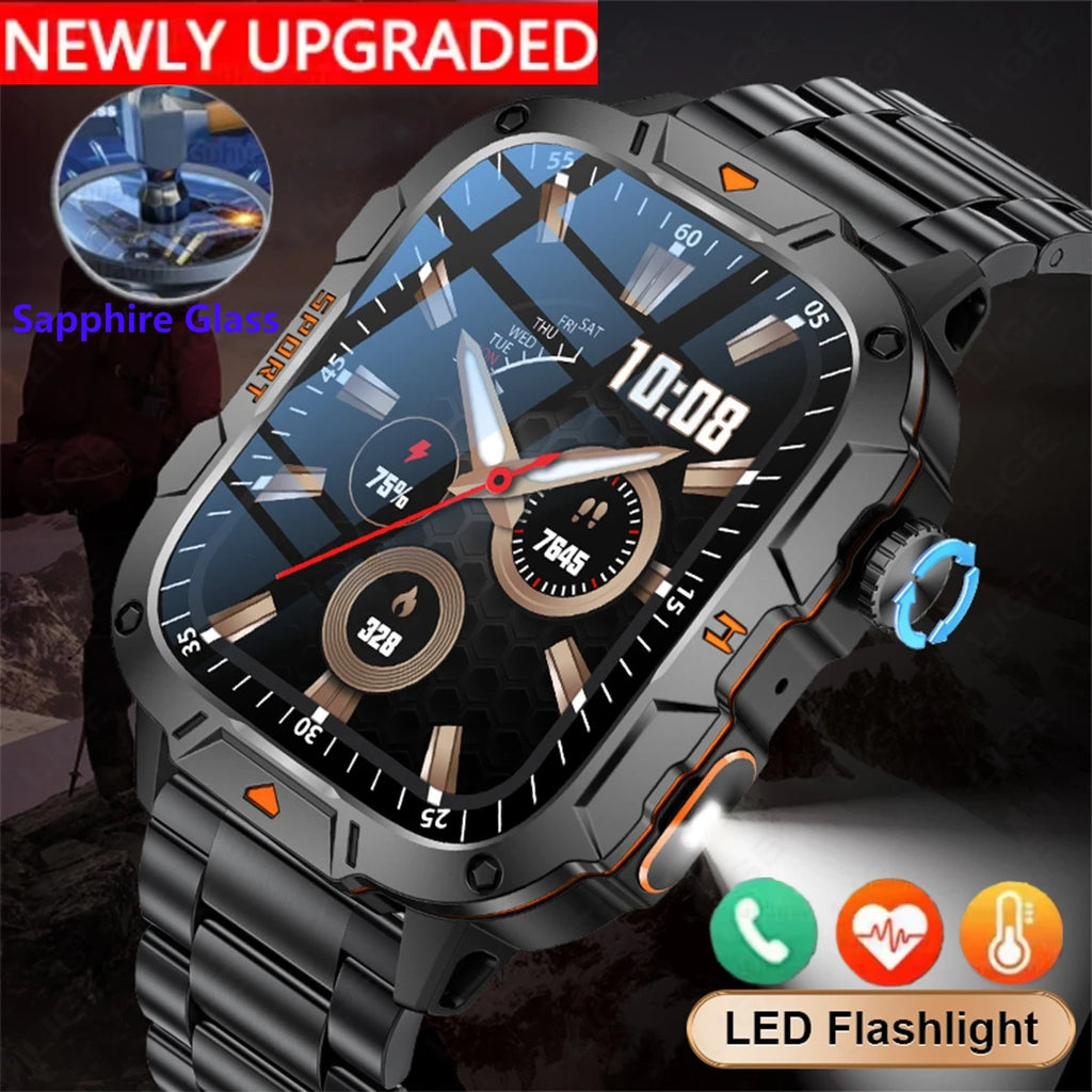 2026 New Military Grade Smart Watch Men 1.96" AMOLED Screen 5ATM Waterproof Sports Fitness Tracker BT Call Smartwatch