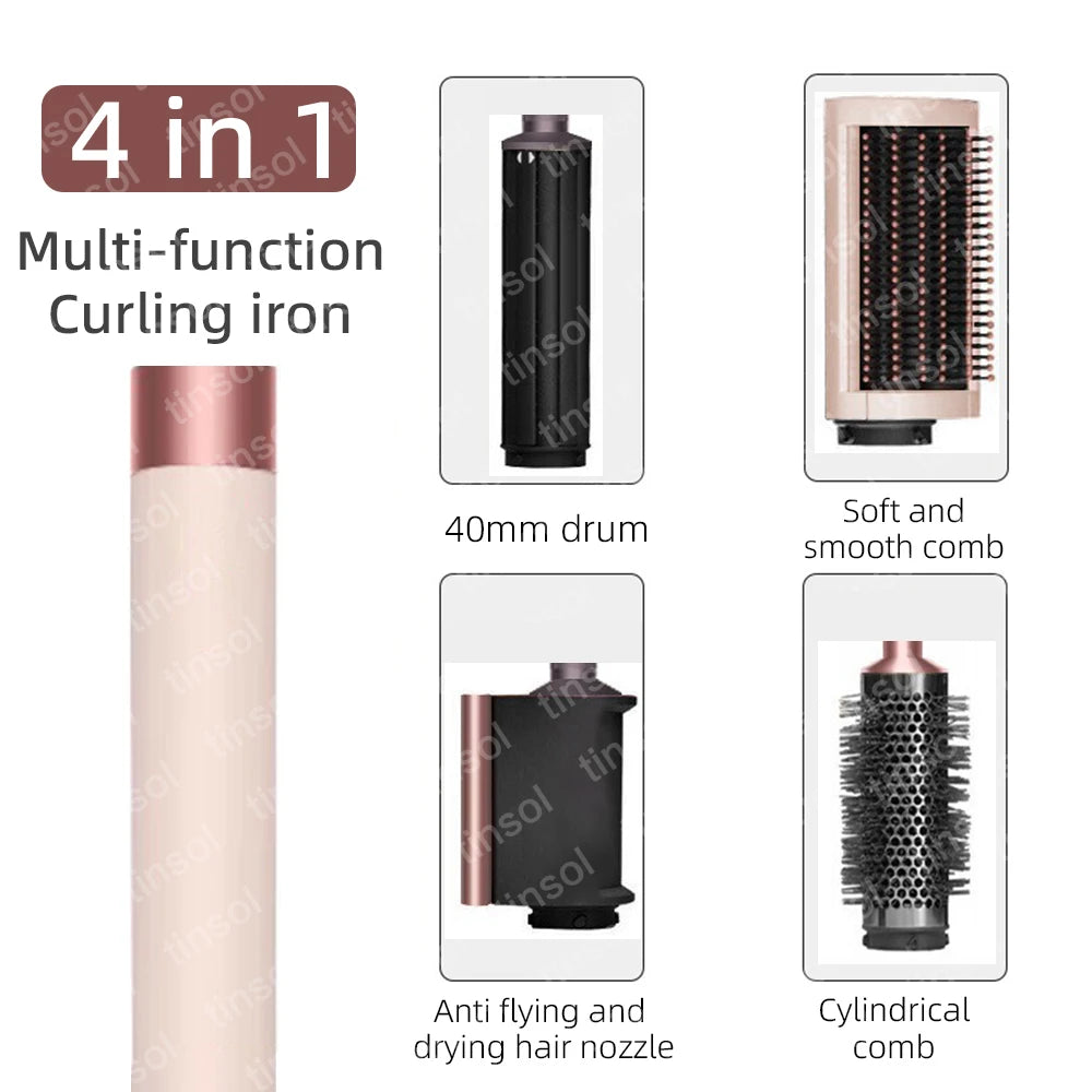 Rose gold 4-in-1 hair dryer set with curling barrel, smoothing comb, drying nozzle, and cylindrical styling brush.