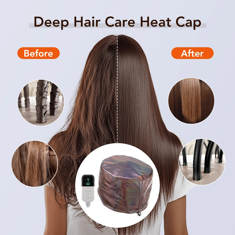 Electric PU leather hair steamer cap with digital temperature controller for deep conditioning and professional home spa.