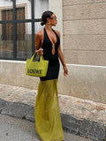 Kliou Halter Patchwork Maxi Dress Women Elegant Contrast Colors Draped Backless Low Neck Sheath Robe Mujer High Street Vestidos