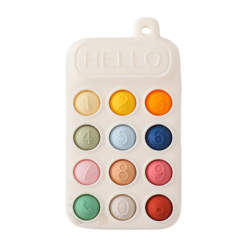 Multi-colored silicone baby teething toy in a phone shape for soothing infant teething relief.