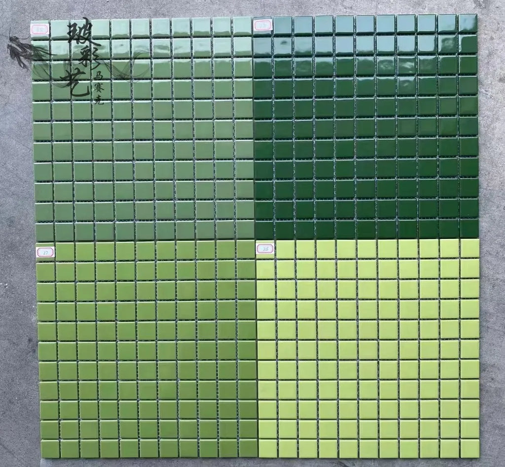 Ceramic mosaic tile sheet with green-to-yellow glossy square tiles on grid backing