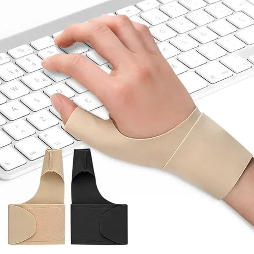 Beige and black fabric thumb support brace for pain relief, arthritis, and tendonitis recovery.