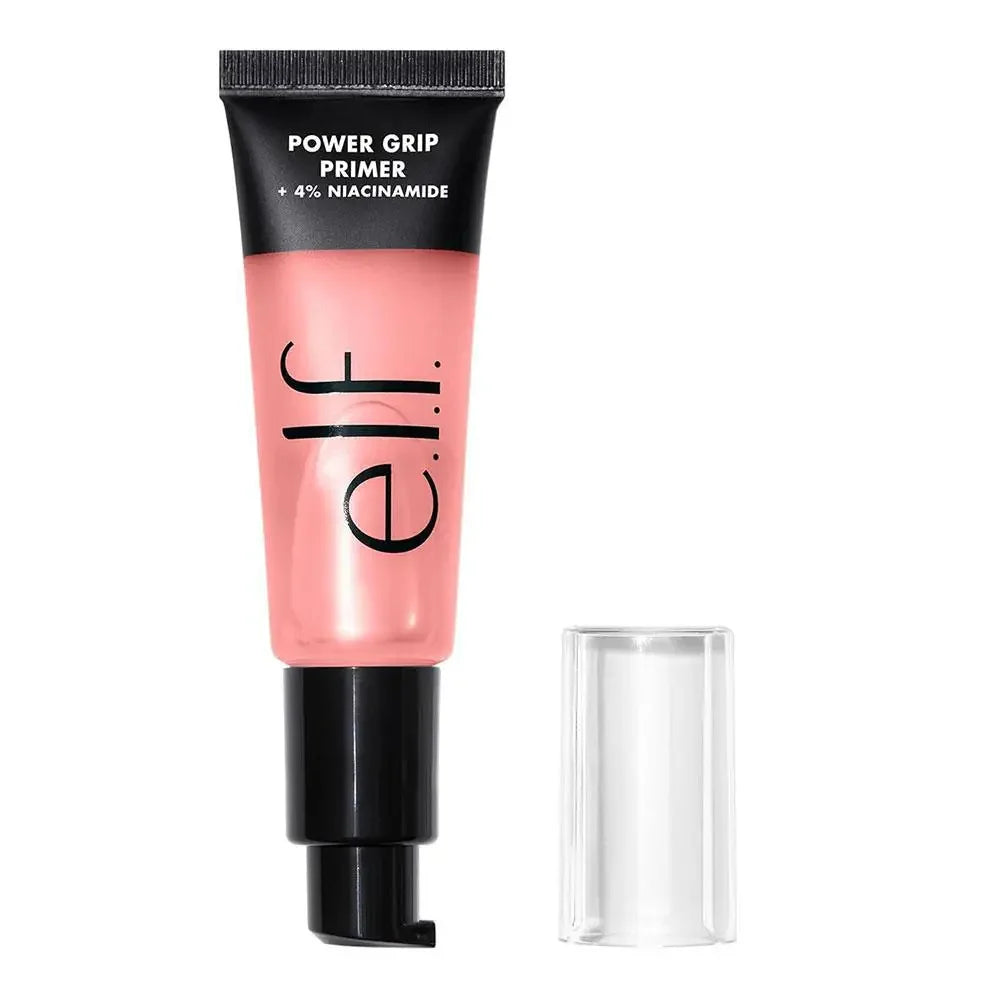 e.l.f. Power Grip Primer with 4% Niacinamide in a pink gel-textured tube with black pump and clear cap.