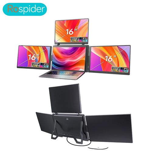 16-inch portable triple-screen monitor extender with FHD IPS display, showing front view and rear-view with stand.