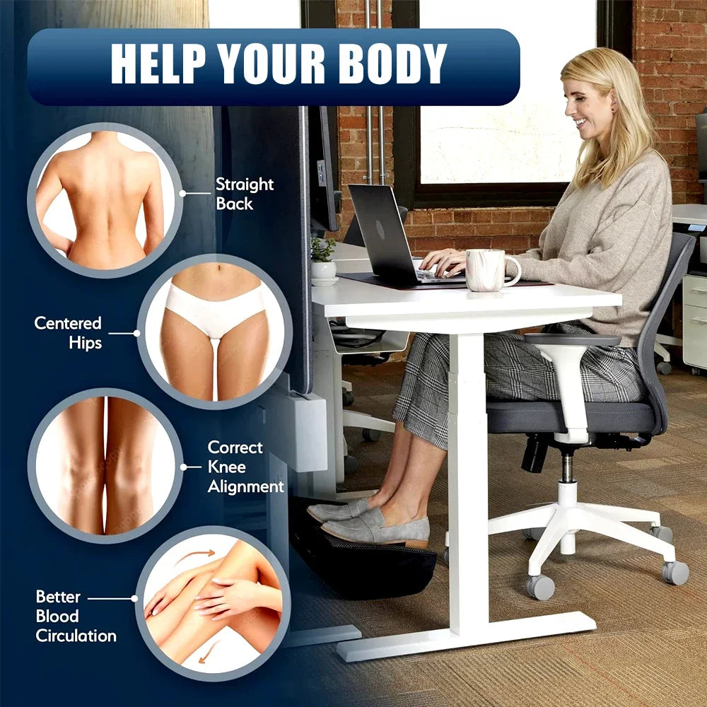 Black ergonomic under-desk footrest for office, promoting straight back, hip alignment, and better blood circulation.
