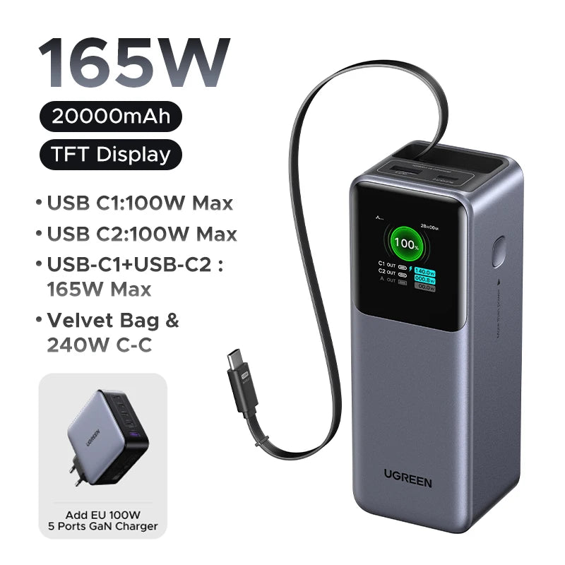 Portable Power Bank 165W 20000mAh PD3.0 Fast Charger for Laptops Add EU 100W Tidesmit
