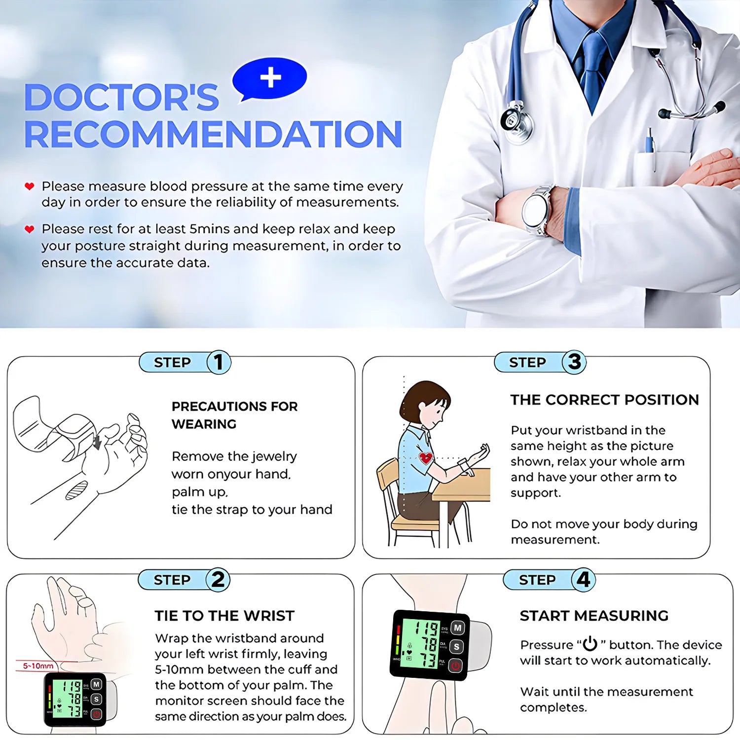 Wrist-Type Blood Pressure Monitor LED Digital BP Automatic Pressure Tonometer Heart Rate Pulse Test Sensor Tensiometer