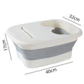 Portable foldable foot bath tub with gray silicone sides, ergonomic white lid, and measurements for travel or home.