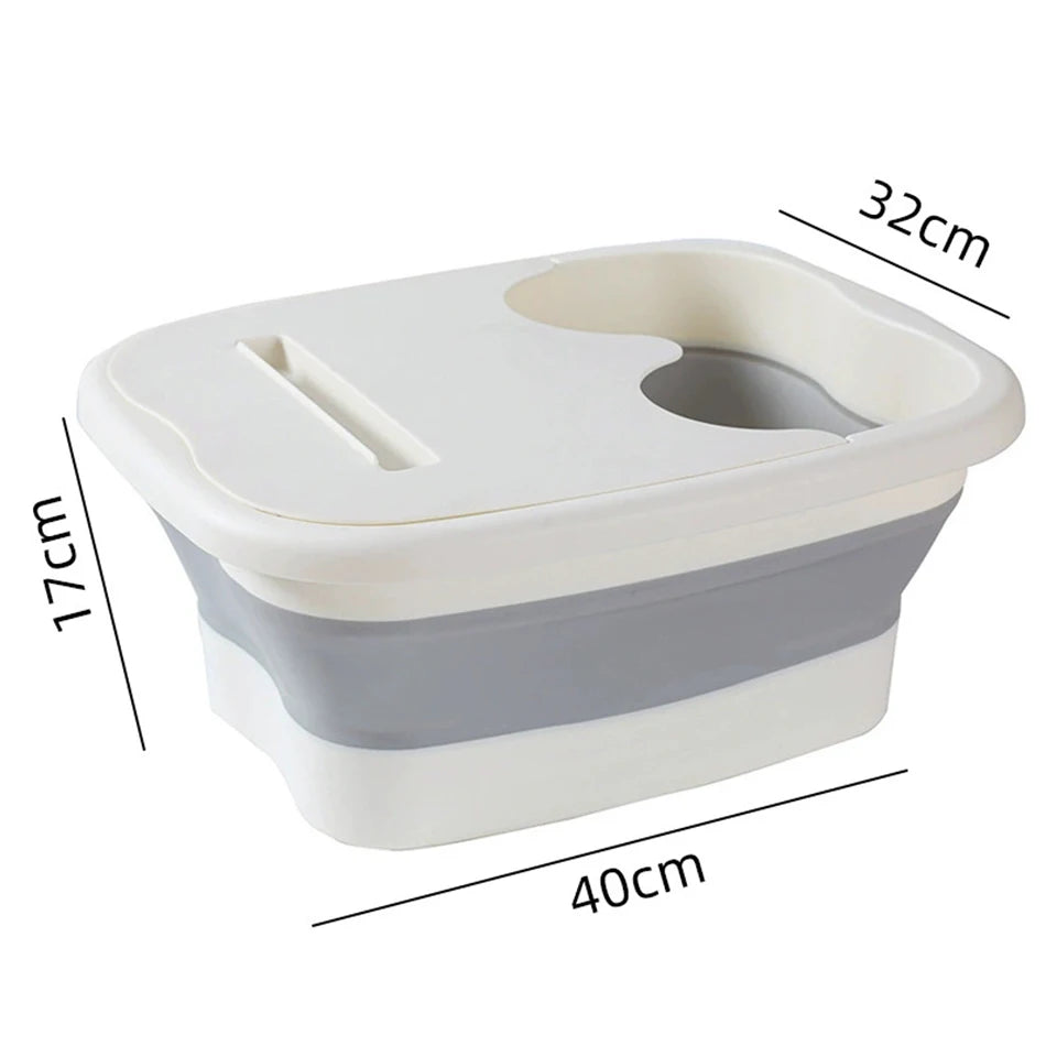 Portable foldable foot bath tub with gray silicone sides, ergonomic white lid, and measurements for travel or home.
