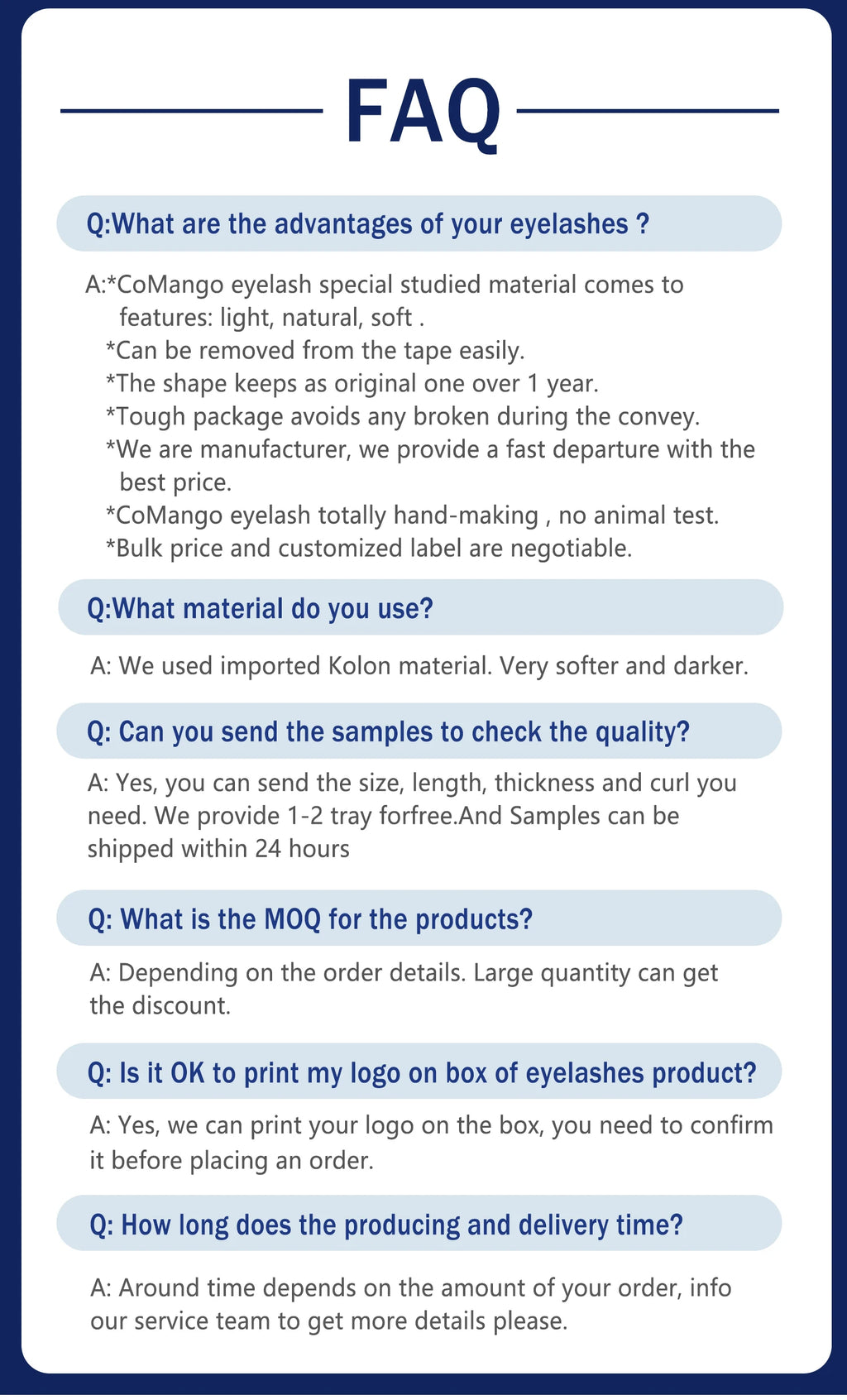 FAQ document for handmade false eyelashes made from soft, dark synthetic Kolon material.