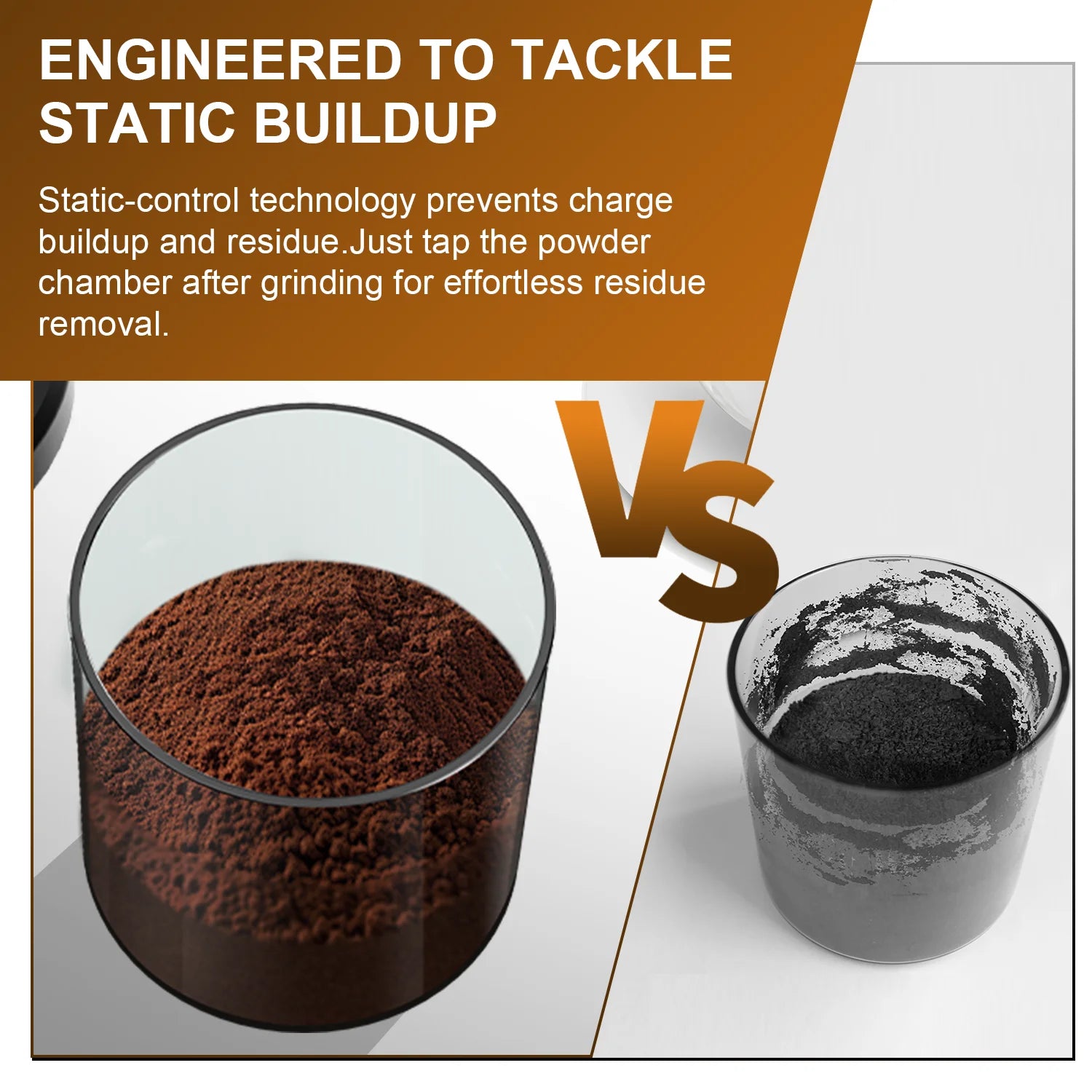 Coffee grinder powder chamber comparing clean anti-static technology vs residue buildup in clear glass containers.