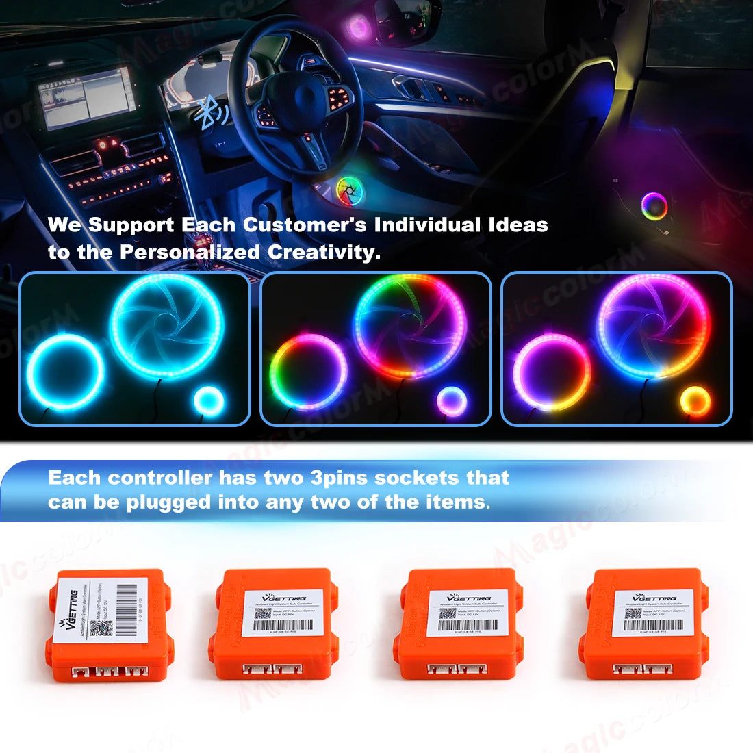Round, multi-colored LED car ambient light rings and four orange rectangular control modules with two 3-pin sockets.