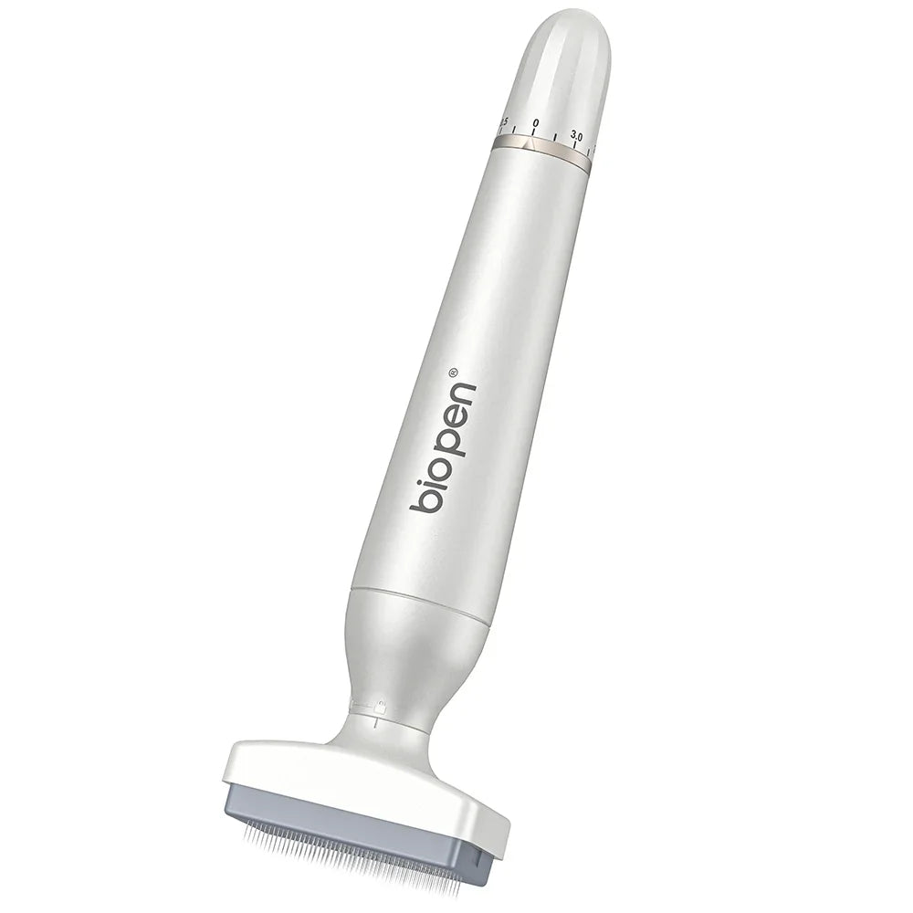White Biopen adjustable microneedling derma stamp pen for beard and hair growth with replaceable needle head.