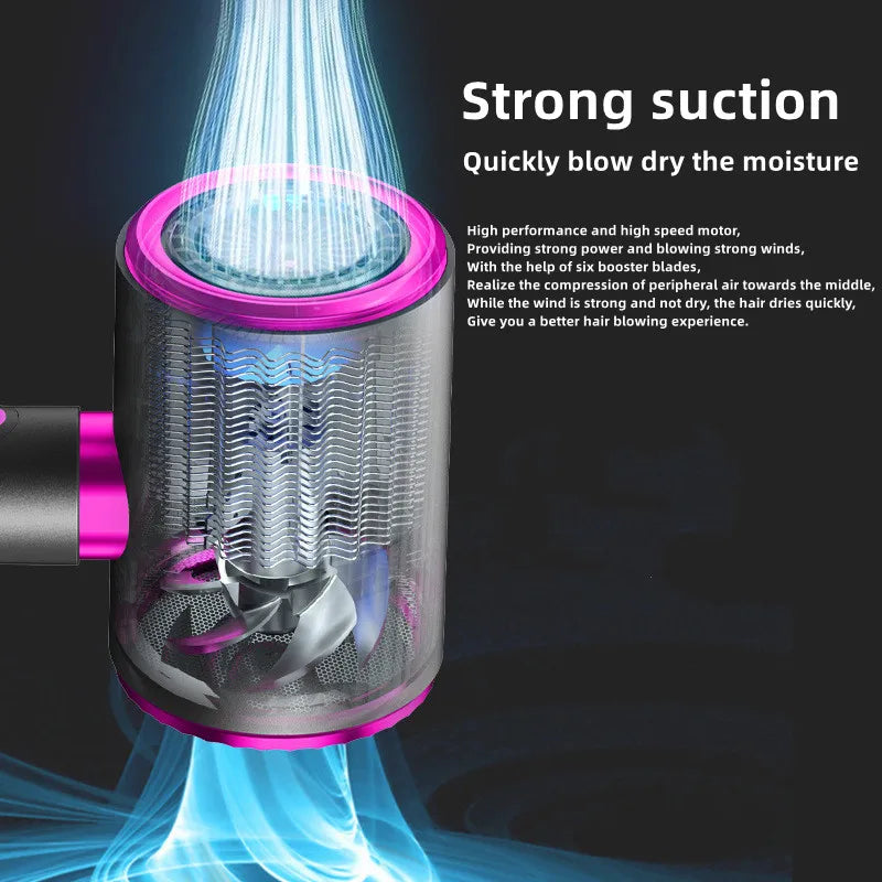 2400W high-speed ionic hair dryer with pink accents, showing internal motor blades and blue light hair care technology.