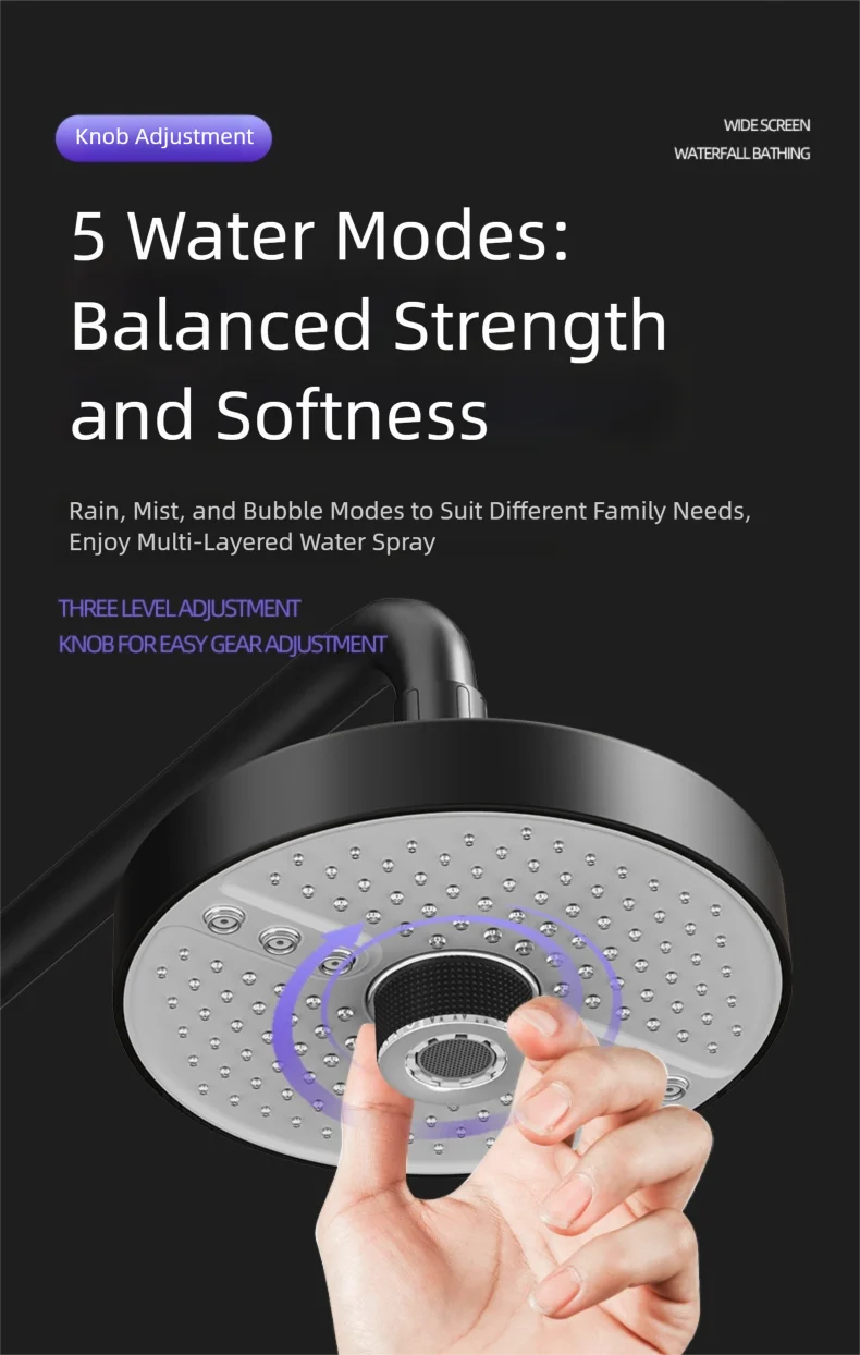 Adjustable Rainfall Shower Head 5 Modes Big Panel High-pressure Large Flow Top Spray 175mm Ceiling Mounted Supercharge Shower